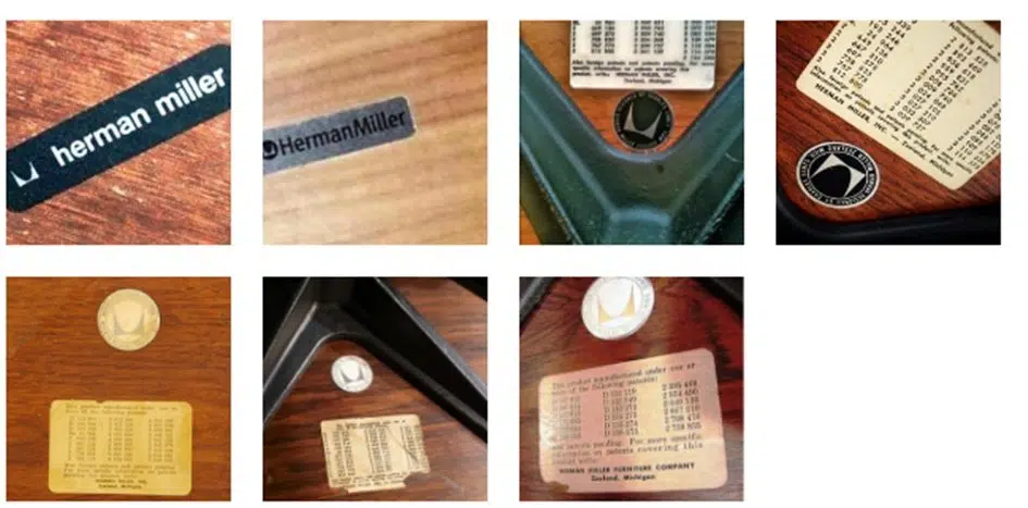 Etiquetas de originalidade de uma Poltrona Charles Eames original da Herman Miller