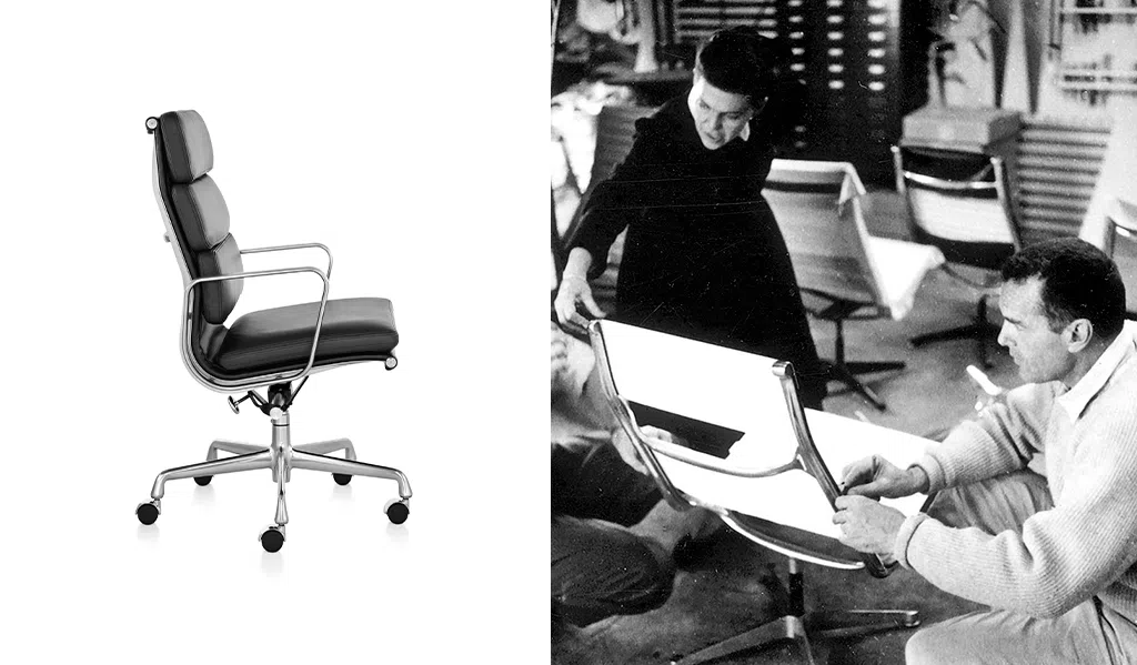 Charles e Ray Eames construindo a cadeira Eames Soft Pad