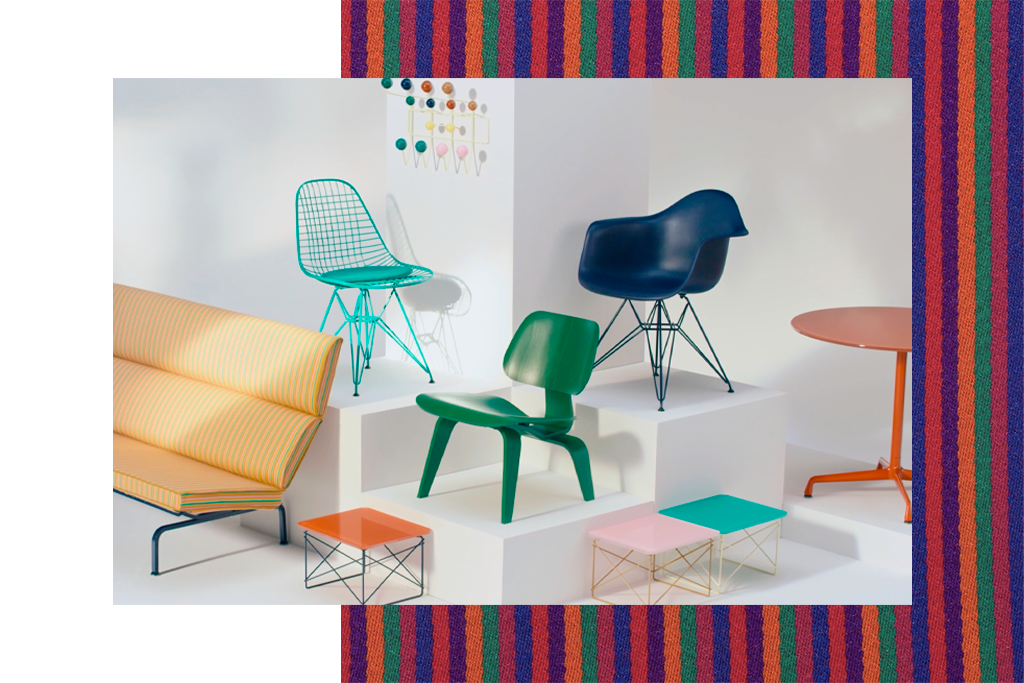 As cores da estampa Jacob’s Coat de Alexander Girard aplicadas em clássicos Herman Miller.