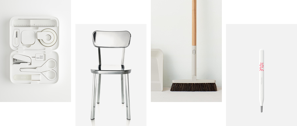 Produtos de Naoto Fukasawa: Kit team-demi para a PLUS, cadeira Déjà-vu para a Magis, Wooden Pole, Cleaning tool para a MUJI e Termometro Digital S100 para a Terumo.
