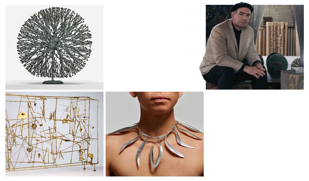 Harry Bertoia e as obras: Bush (1969), Untitled (1953) e Important Necklace (1942)