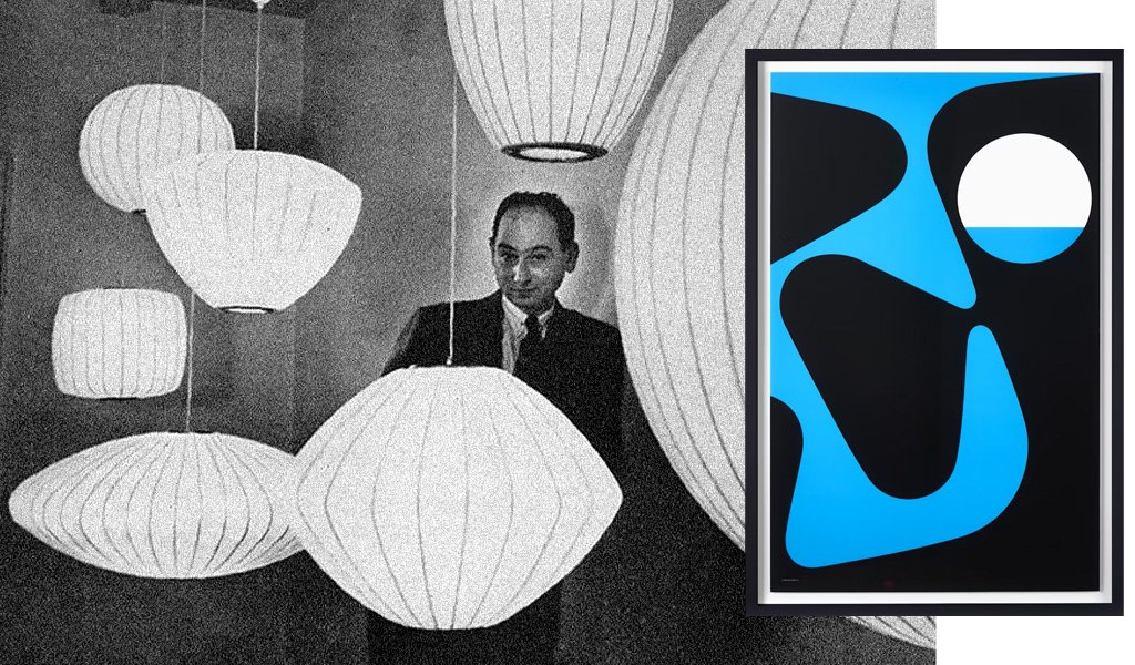 George Nelson cercado pela linha de luminárias Nelson Bubble e o poster  Blue and Black