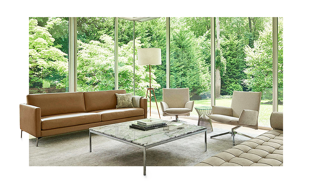 Sofá Florence Knoll e mesa de centro Florence Knoll Low Coffee Table, produtos Knoll desenhados por Florence Knoll.