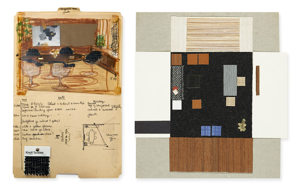 Projetos de Florence Knoll feitos a mão com o uso de lápis, canetas e recortes de tecidos e madeiras.