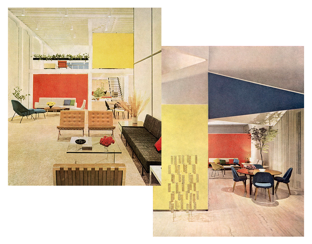 Imagens do showroom da Knoll projetado por Florence Knoll na cidade São Francisco, California, 1954. No ambiente temos as poltronas Barcelona de Mies Van der Rohe, a poltrona Womb de Eero Saarinen, a poltrona Bertoia Diamond de Harry Bertoia, entre outros.