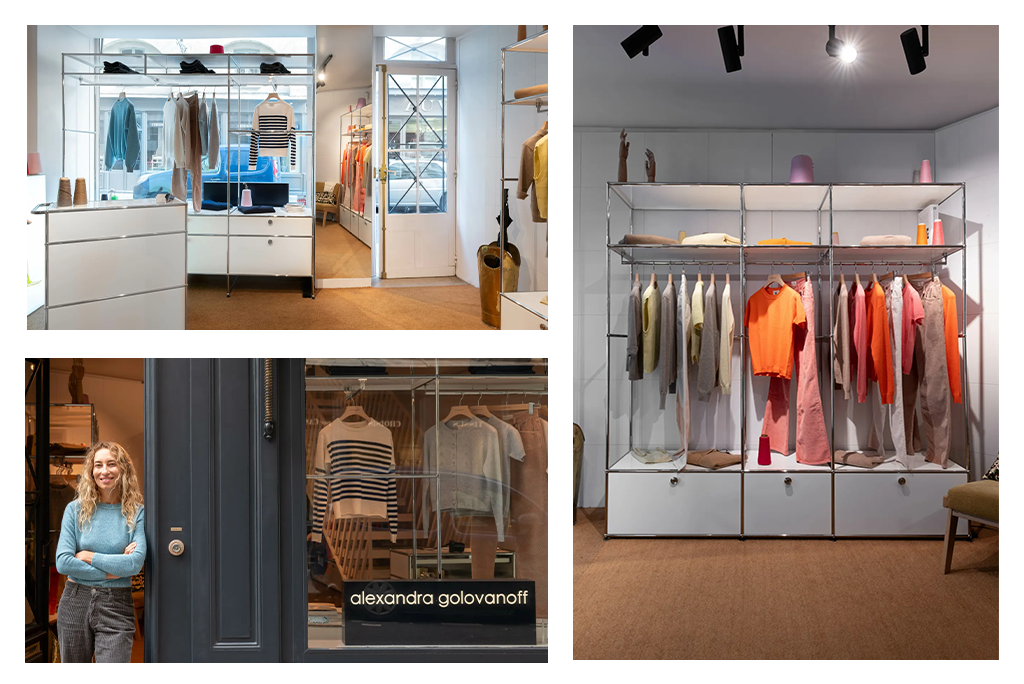 Parceria no universo da moda entre a designer Alexandra Golovanoff e a USM Modular Furniture em sua loja em Paris, França.