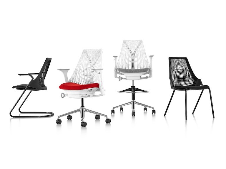 Cadeira de consulta Sayl preta, cadeira de escritório Sayl branca com assento vermelho, Sayl Stool branco com assento cinza, cadeira Sayl multiuso preta.