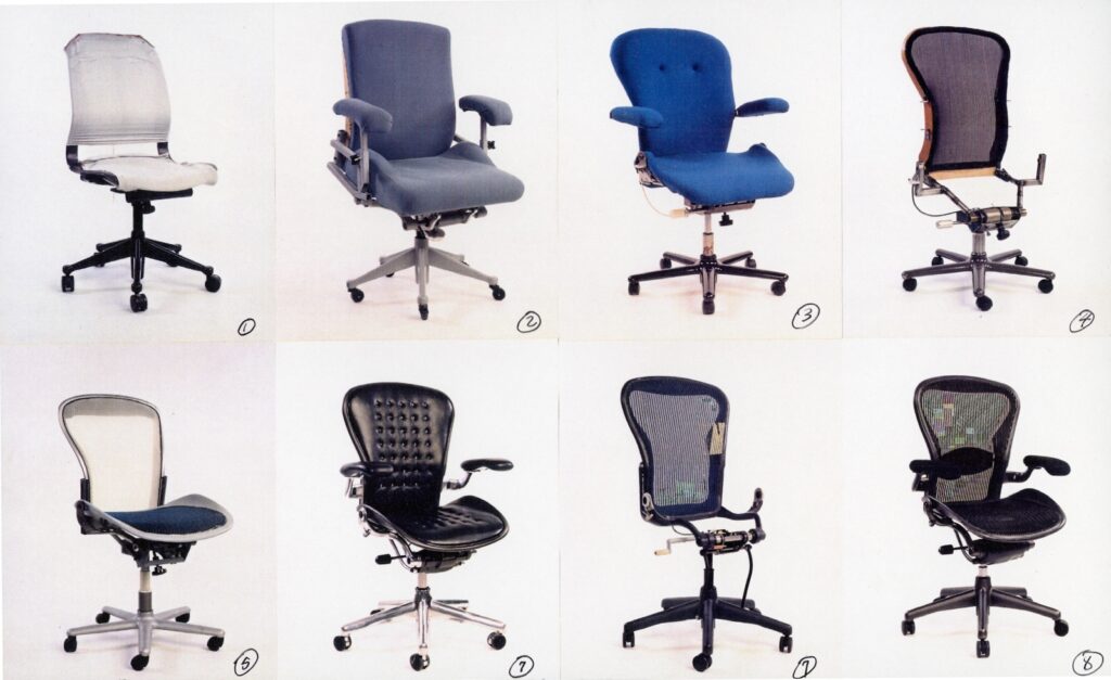 Fotos de sete protótipos da cadeira Aeron, e a versão clássica no final.